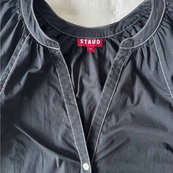 STAUD XS Dill Black Puff Sleeve Button Down Blouse Contrast Stitching - Picture 4 of 8